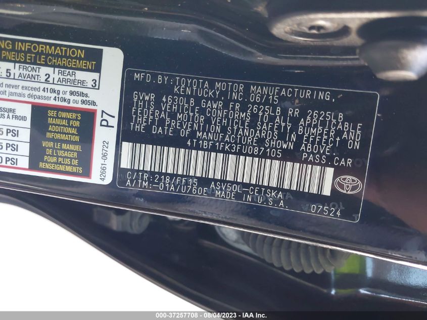 2015 TOYOTA CAMRY XLE/SE/LE/XSE - 4T1BF1FK3FU087105