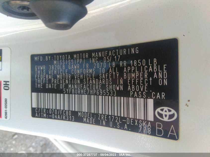 2017 TOYOTA COROLLA L/LE/XLE/SE - 5YFBURHE7HP695533