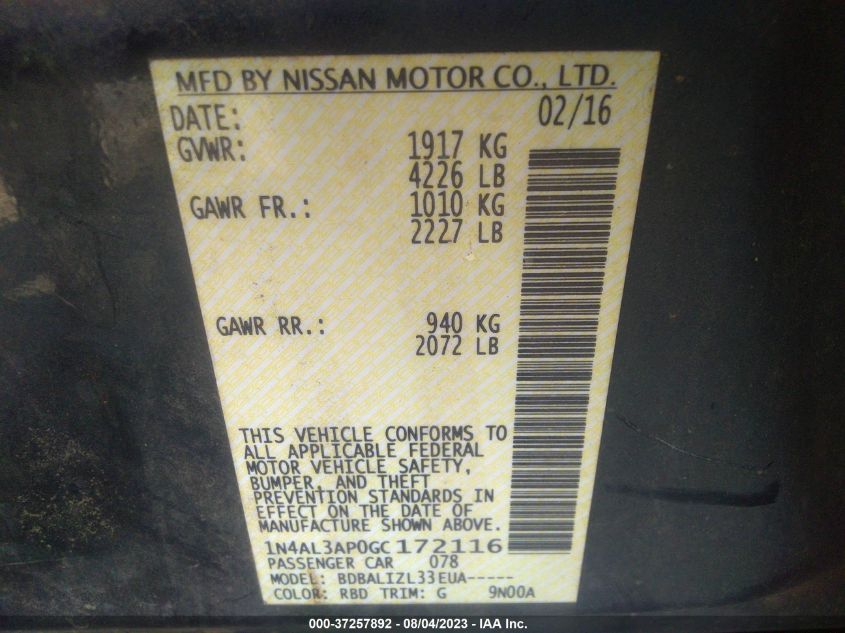 2016 NISSAN ALTIMA 2.5 - 1N4AL3AP0GC172116