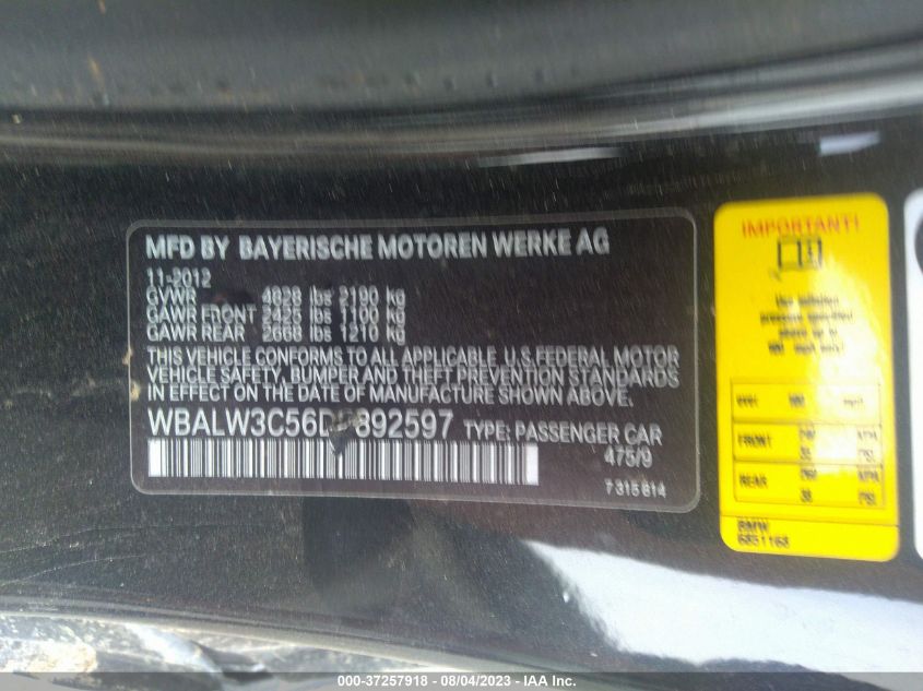 2013 BMW 6 SERIES 640I - WBALW3C56DC892597