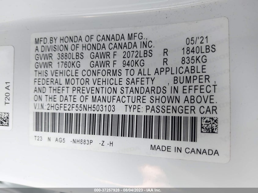 VIN 2HGFE2F55NH503103 2022 HONDA CIVIC SEDAN SPORT