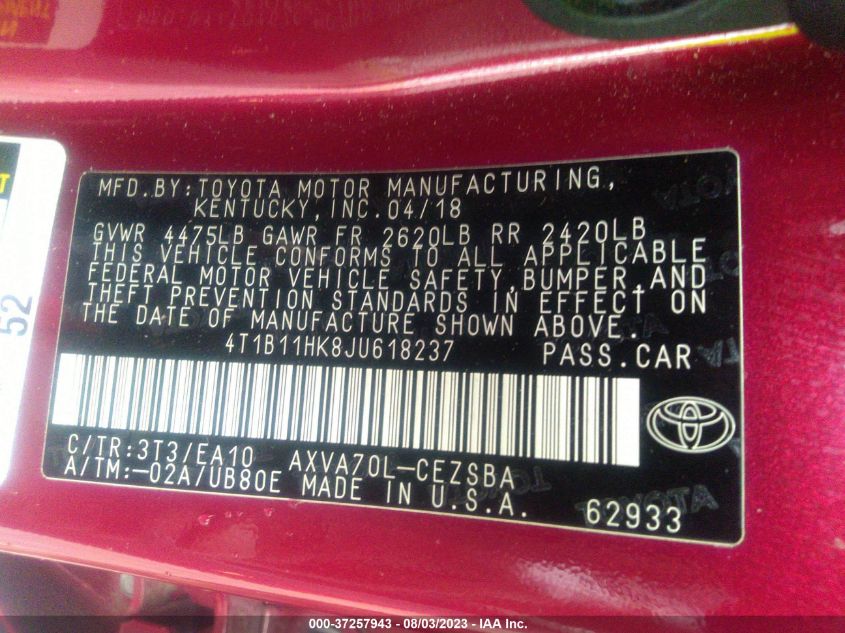 2018 TOYOTA CAMRY LE/SE/XLE/L - 4T1B11HK8JU618237