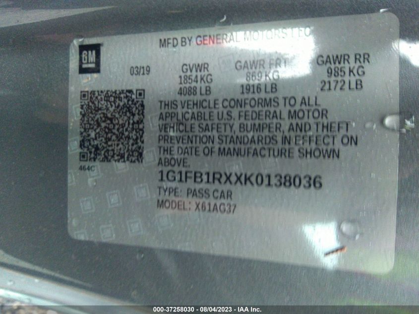 2019 CHEVROLET CAMARO 1LS - 1G1FB1RXXK0138036