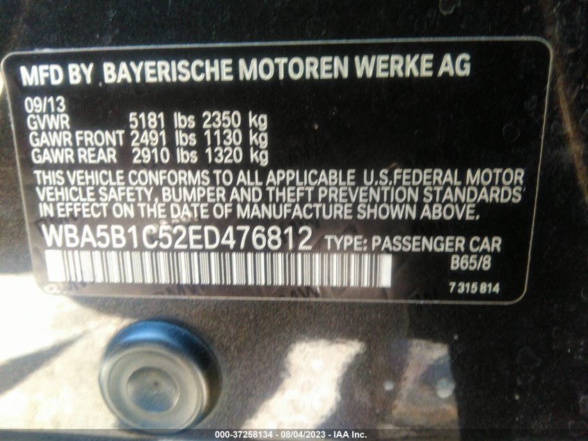 2014 BMW 5 SERIES 535I - WBA5B1C52ED476812