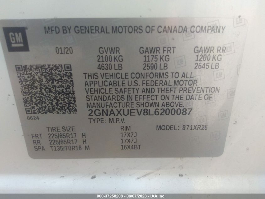 2020 CHEVROLET EQUINOX LT - 2GNAXUEV8L6200087
