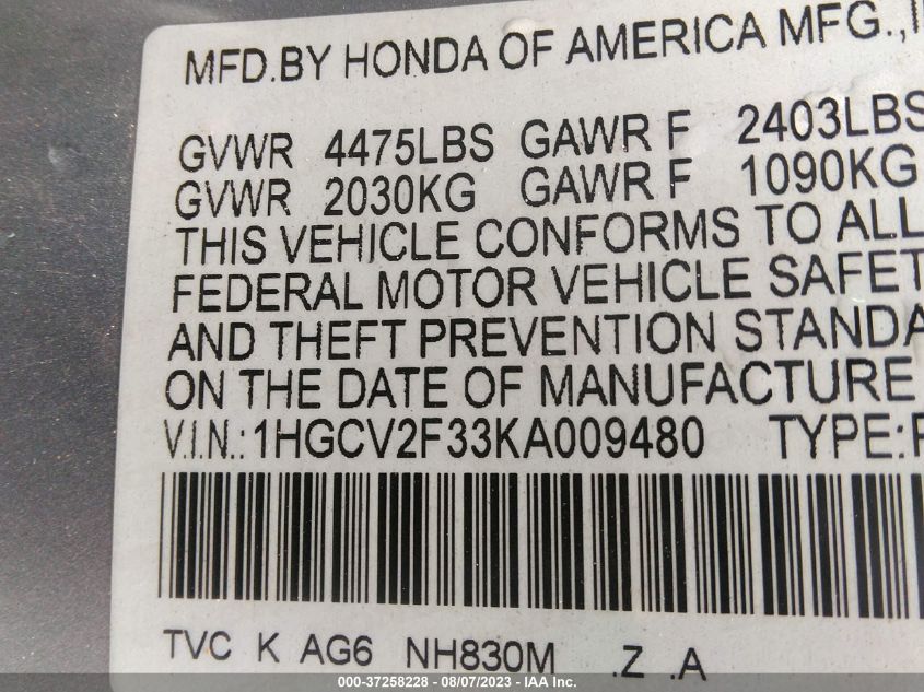 2019 HONDA ACCORD SEDAN SPORT 2.0T - 1HGCV2F33KA009480