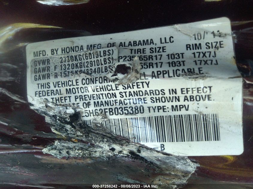 2015 HONDA ODYSSEY EX-L - 5FNRL5H62FB035380