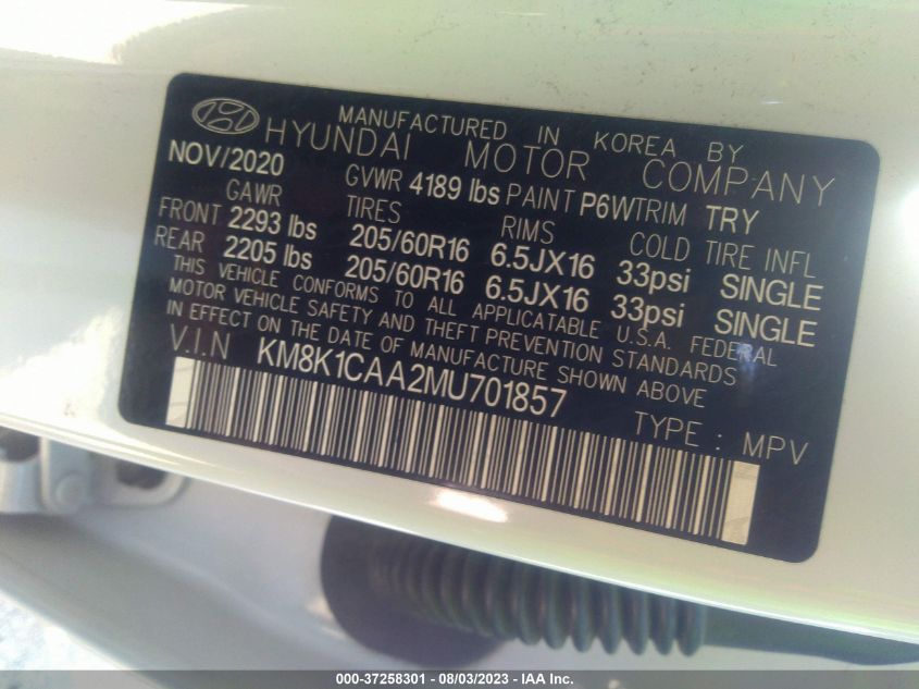 2021 HYUNDAI KONA SE - KM8K1CAA2MU701857