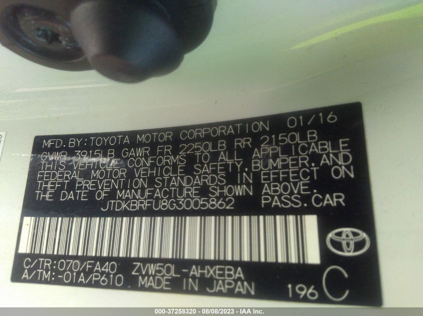 2016 TOYOTA PRIUS TWO - JTDKBRFU8G3005862