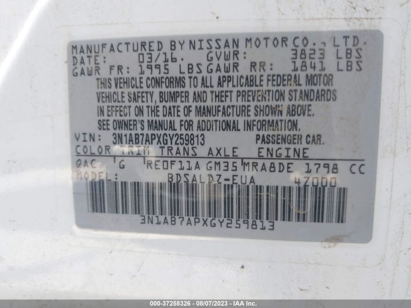 2016 NISSAN SENTRA SV - 3N1AB7APXGY259813