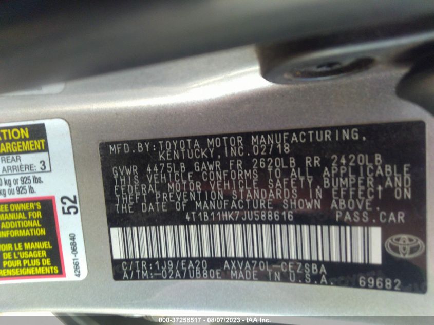 2018 TOYOTA CAMRY SE - 4T1B11HK7JU588616