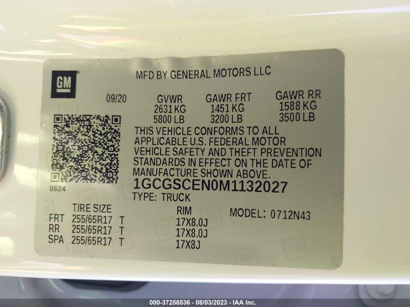 2021 CHEVROLET COLORADO LT - 1GCGSCEN0M1132027