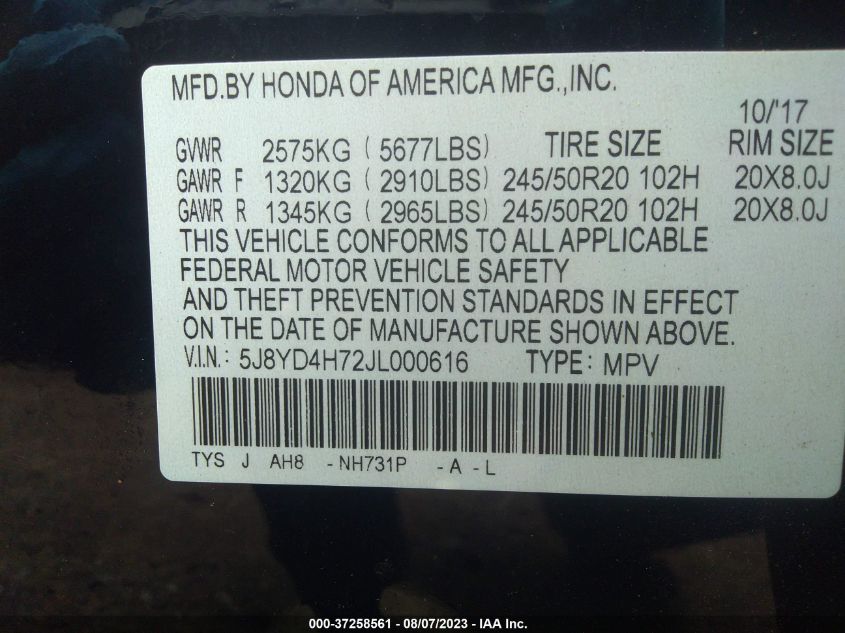 2018 ACURA MDX W/TECHNOLOGY - 5J8YD4H72JL000616