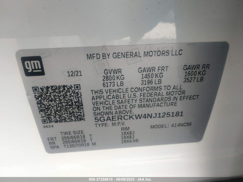 2022 BUICK ENCLAVE PREMIUM - 5GAERCKW4NJ125181
