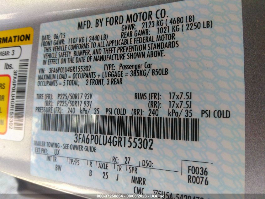 2016 FORD FUSION SE HYBRID - 3FA6P0LU4GR155302