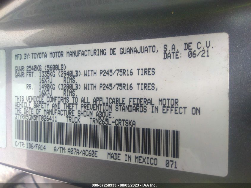 2021 TOYOTA TACOMA 2WD SR/SR5 - 3TYRX5GN5MT026411