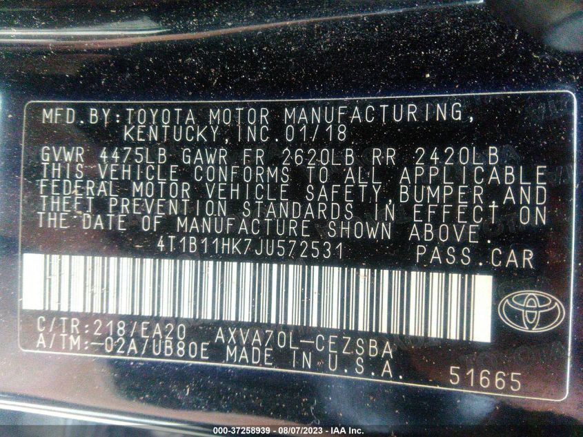 2018 TOYOTA CAMRY LE/SE/XLE/L - 4T1B11HK7JU572531