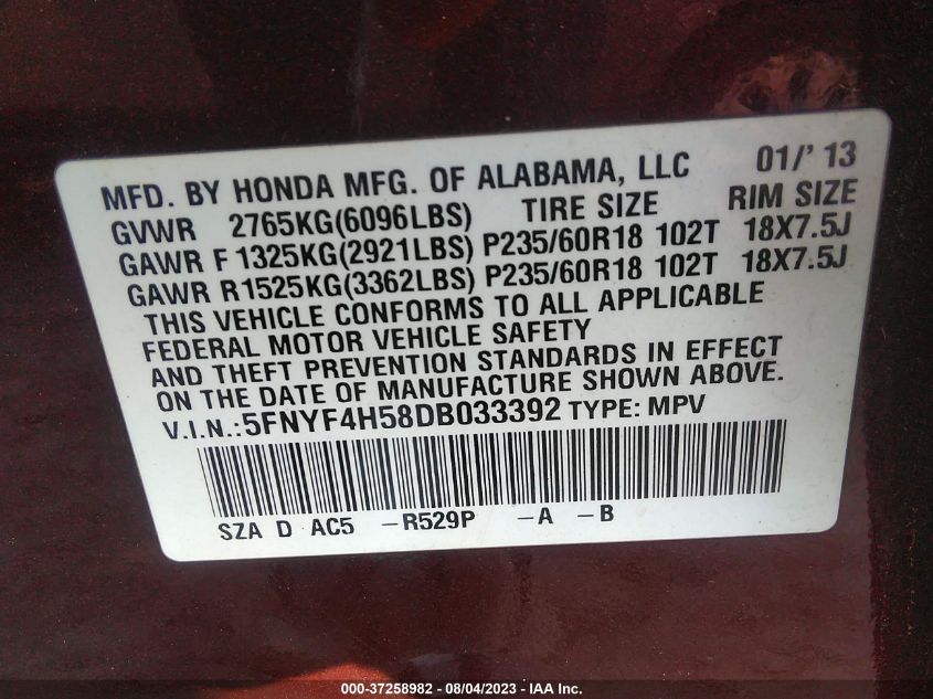2013 HONDA PILOT EXL - 5FNYF4H58DB033392
