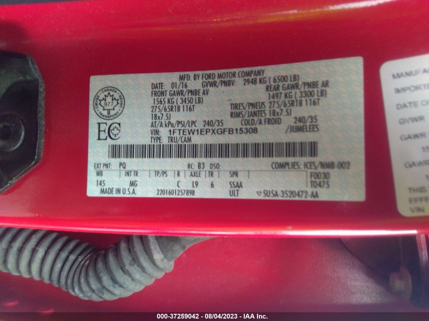 2016 FORD F-150 XLT/XL/LARIAT - 1FTEW1EPXGFB15308