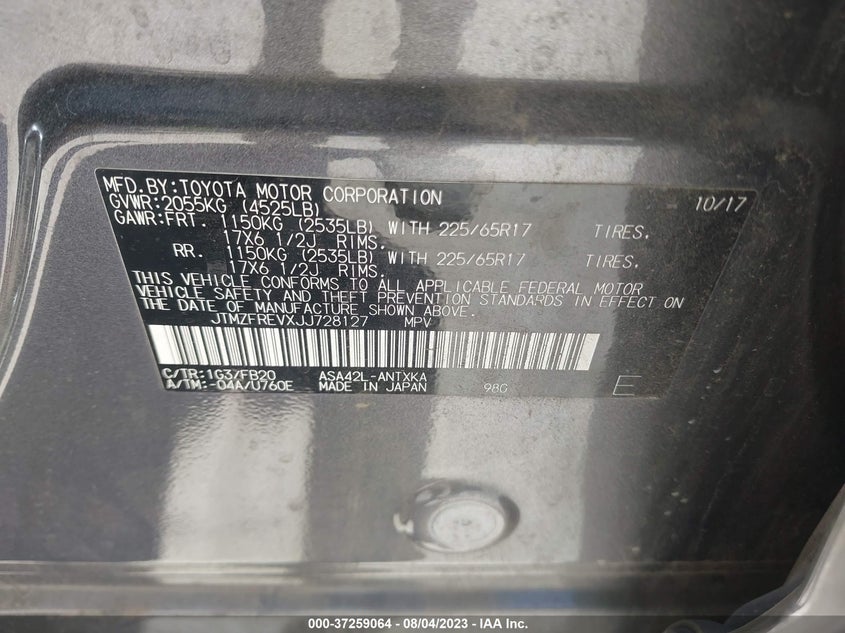 VIN JTMZFREVXJJ728127 2018 TOYOTA RAV4 LE