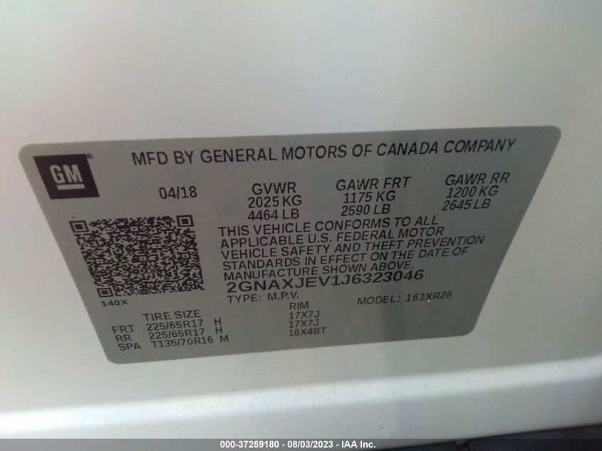 2018 CHEVROLET EQUINOX LT - 2GNAXJEV1J6323046