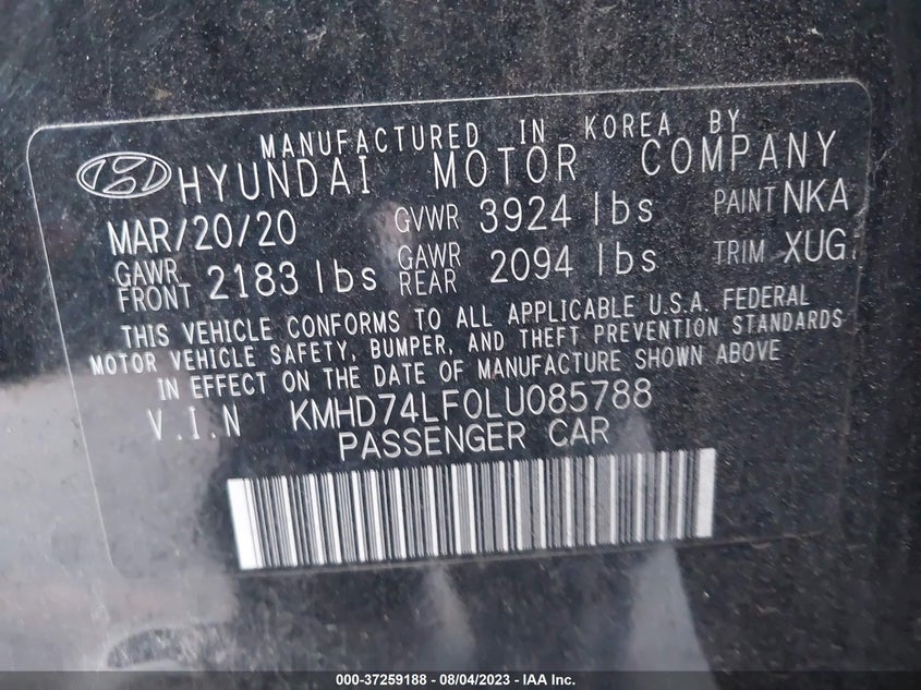 VIN KMHD74LF0LU085788 2020 HYUNDAI ELANTRA SE