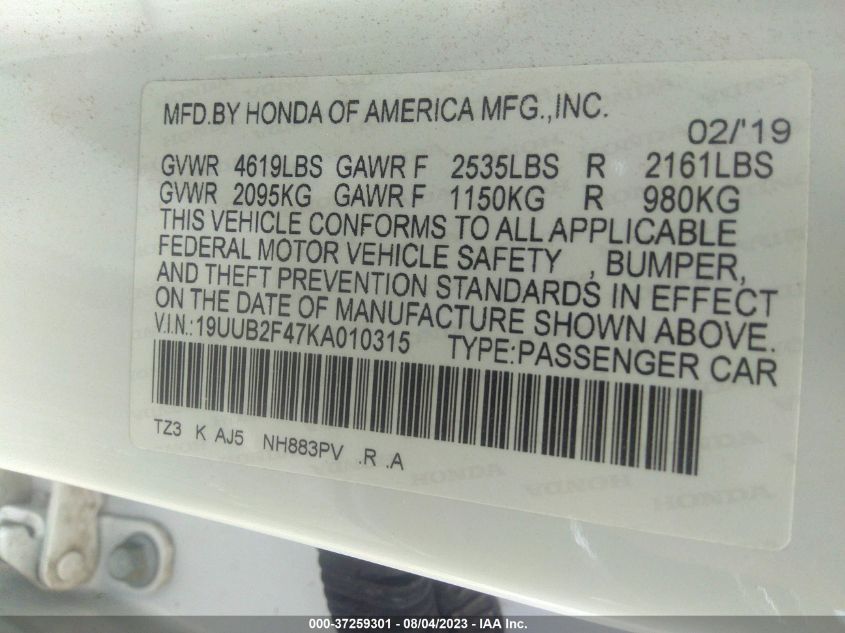 2019 ACURA TLX TECHNOLOGY - 19UUB2F47KA010315