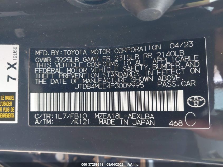 2023 TOYOTA COROLLA LE - JTDB4MEE4P3009995