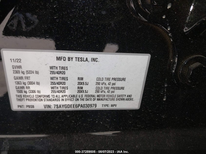 VIN 7SAYGDEE6PA030979 2023 TESLA MODEL Y LONG RANGE