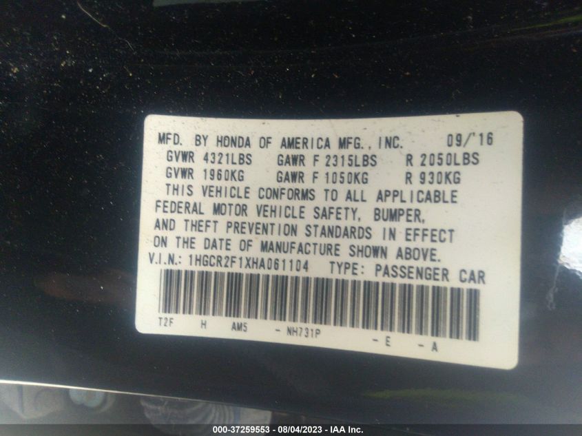 2017 HONDA ACCORD SEDAN SPORT SE - 1HGCR2F1XHA061104