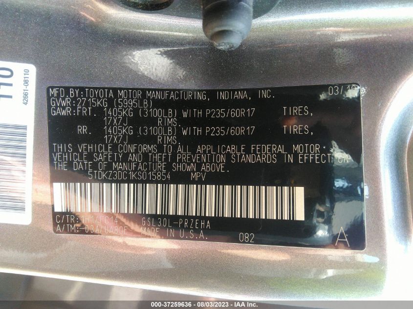 2019 TOYOTA SIENNA LE - 5TDKZ3DC1KS015854