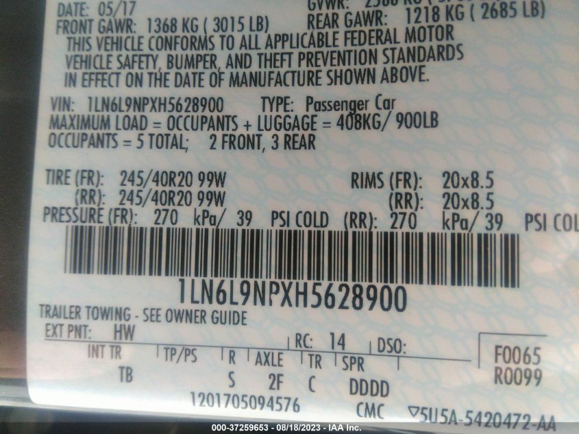 2017 LINCOLN CONTINENTAL RESERVE - 1LN6L9NPXH5628900