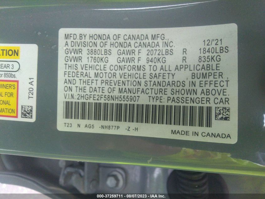 2022 HONDA CIVIC SEDAN SPORT - 2HGFE2F58NH555907