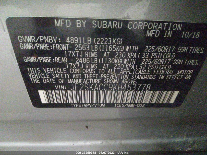 2019 SUBARU FORESTER - JF2SKACC9KH453778