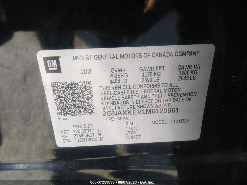 2021 CHEVROLET EQUINOX LT - 2GNAXKEV1M6129661