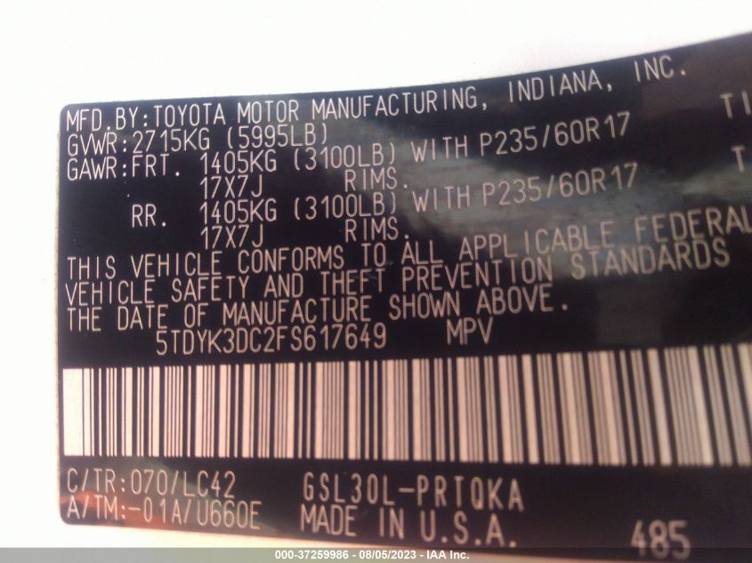 2015 TOYOTA SIENNA XLE/XLE AAS/LTD - 5TDYK3DC2FS617649