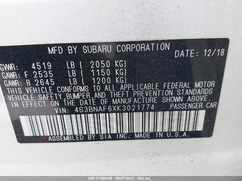2019 SUBARU LEGACY PREMIUM - 4S3BNAF6XK3021774