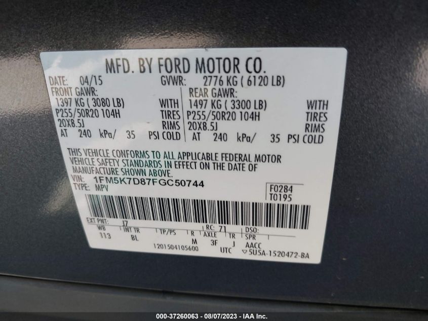 2015 FORD EXPLORER XLT - 1FM5K7D87FGC50744
