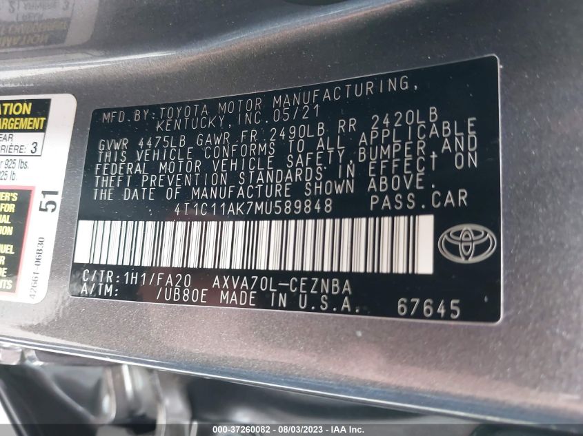2021 TOYOTA CAMRY LE - 4T1C11AK7MU589848