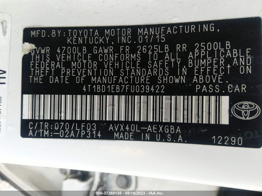 2015 TOYOTA AVALON HYBRID XLE TOURING/LIMITED 4T1BD1EB7FU039422