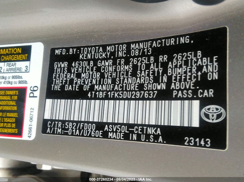 2013 TOYOTA CAMRY L/LE/SE/XLE - 4T1BF1FK5DU297637