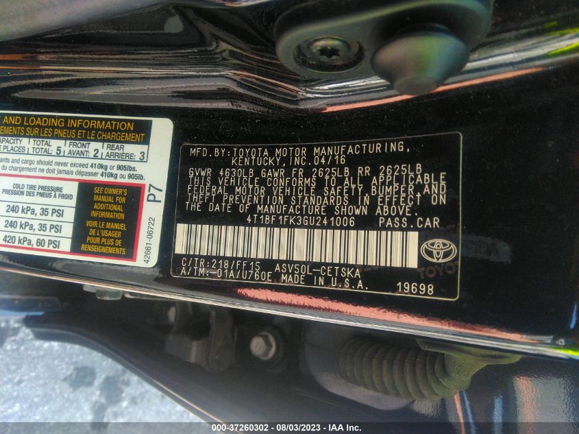 2016 TOYOTA CAMRY XLE/SE/LE/XSE - 4T1BF1FK3GU241006