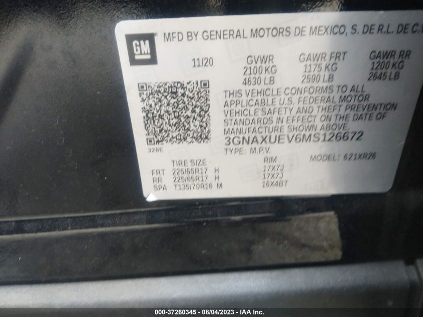 2021 CHEVROLET EQUINOX LT - 3GNAXUEV6MS126672