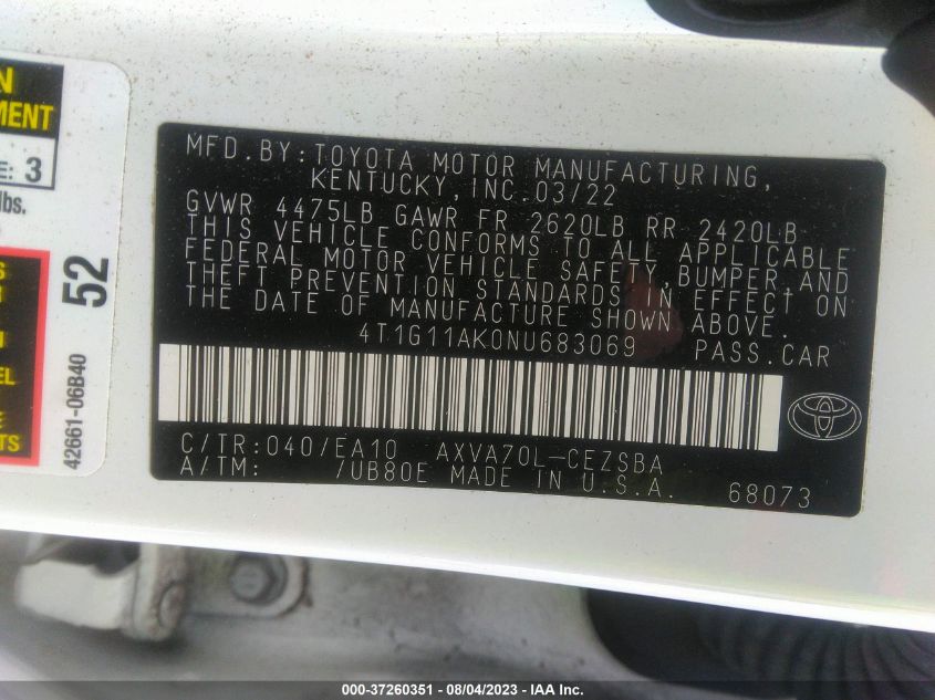2022 TOYOTA CAMRY SE - 4T1G11AK0NU683069
