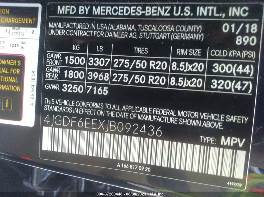VIN 4JGDF6EEXJB092436 2018 MERCEDES-BENZ GLS GLS 450