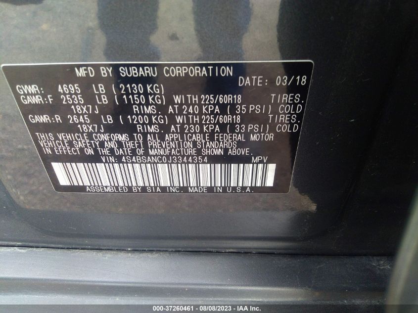 2018 SUBARU OUTBACK LIMITED - 4S4BSANC0J3344354