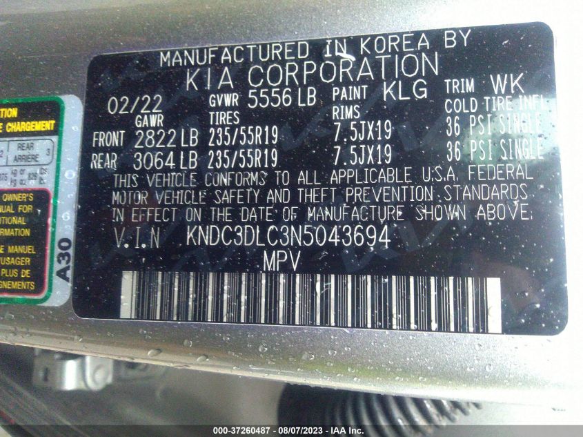 2022 KIA EV6 WIND KNDC3DLC3N5043694