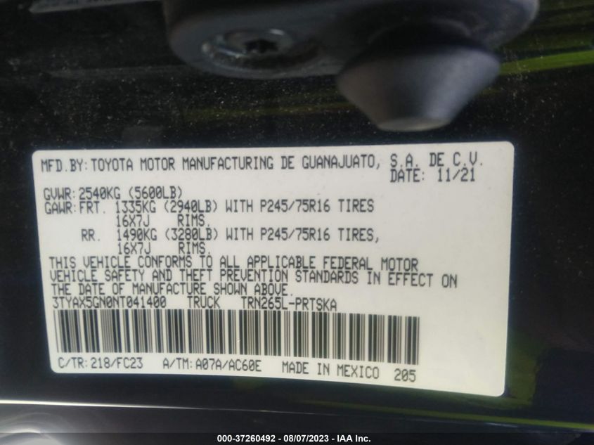 2022 TOYOTA TACOMA 2WD SR5 - 3TYAX5GN0NT041400