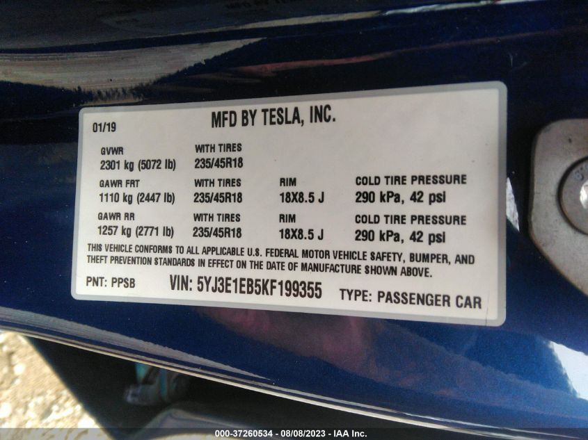 2019 TESLA MODEL 3 LONG RANGE/PERFORMANCE - 5YJ3E1EB5KF193748