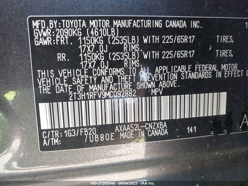 VIN 2T3H1RFV9MC092882 2021 TOYOTA RAV4 LE